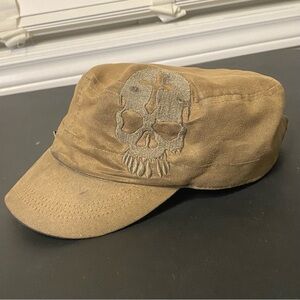 Studded Military Cap with Embroidered Skull – Distressed Brown
